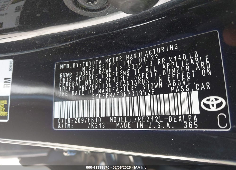 2022 TOYOTA COROLLA VIN: 5YFEPMAE9NP319526