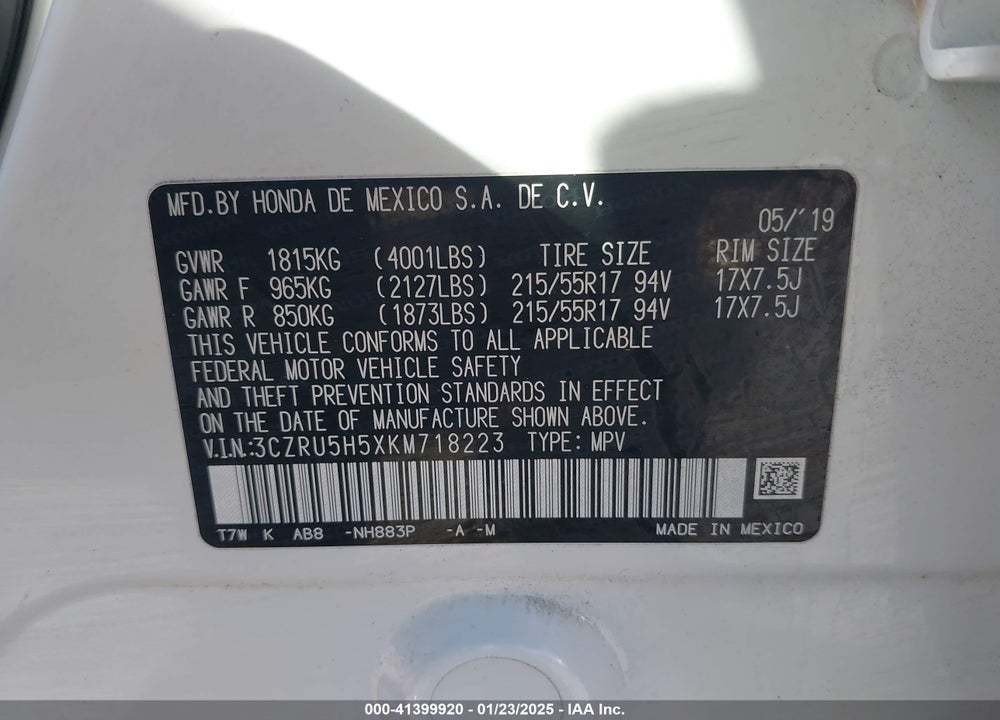 2019 HONDA HR-V EX VIN: 3CZRU5H5XKM718223