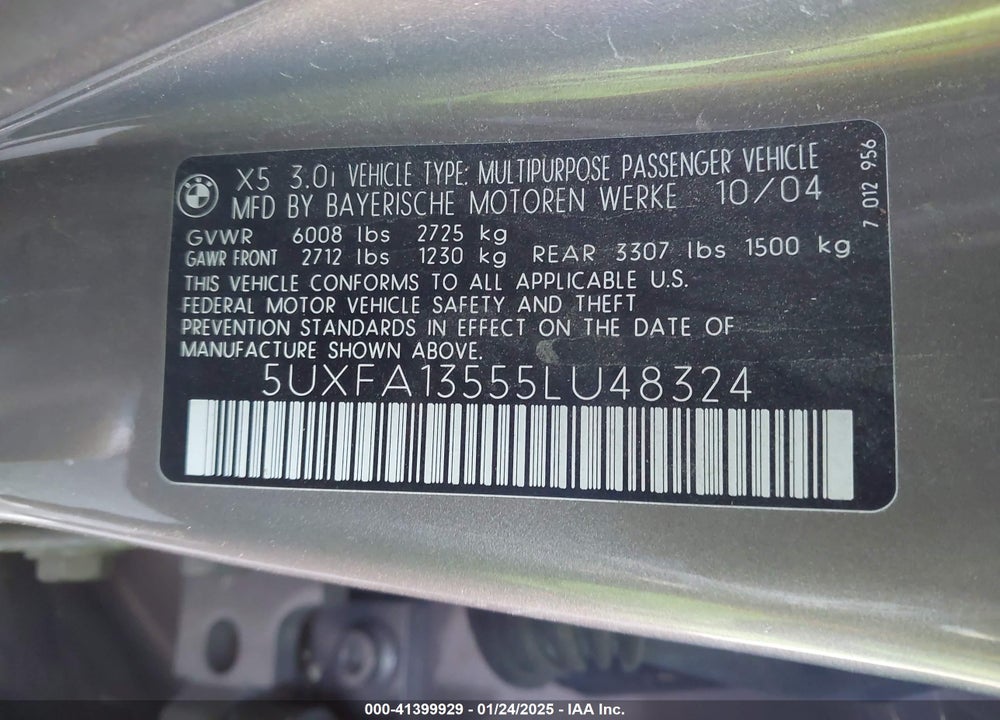 2005 BMW X5 3.0I VIN: 5UXFA13555LU48324