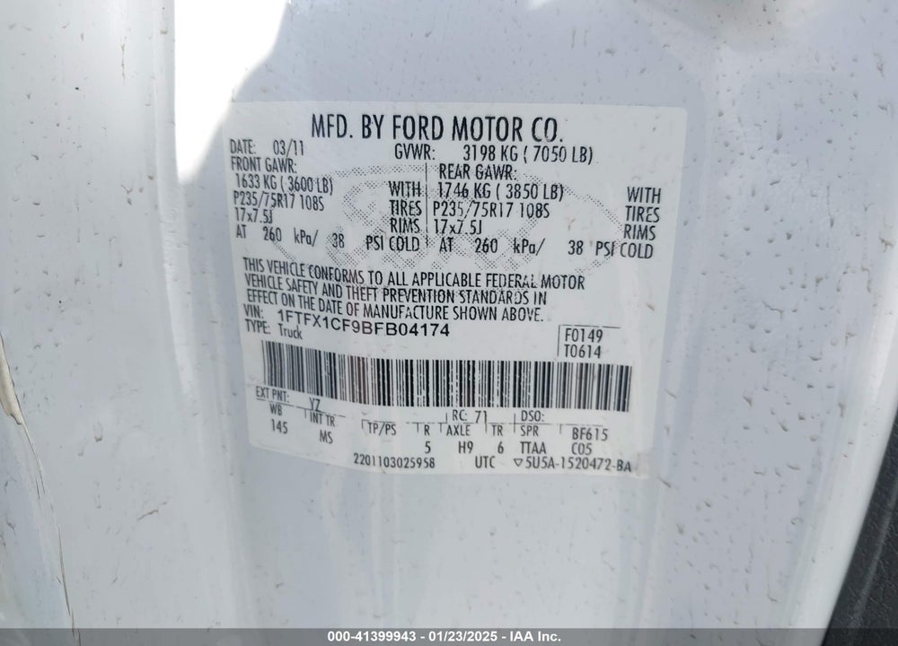 2011 FORD F-150 VIN: 1FTFX1CF9BFB04174