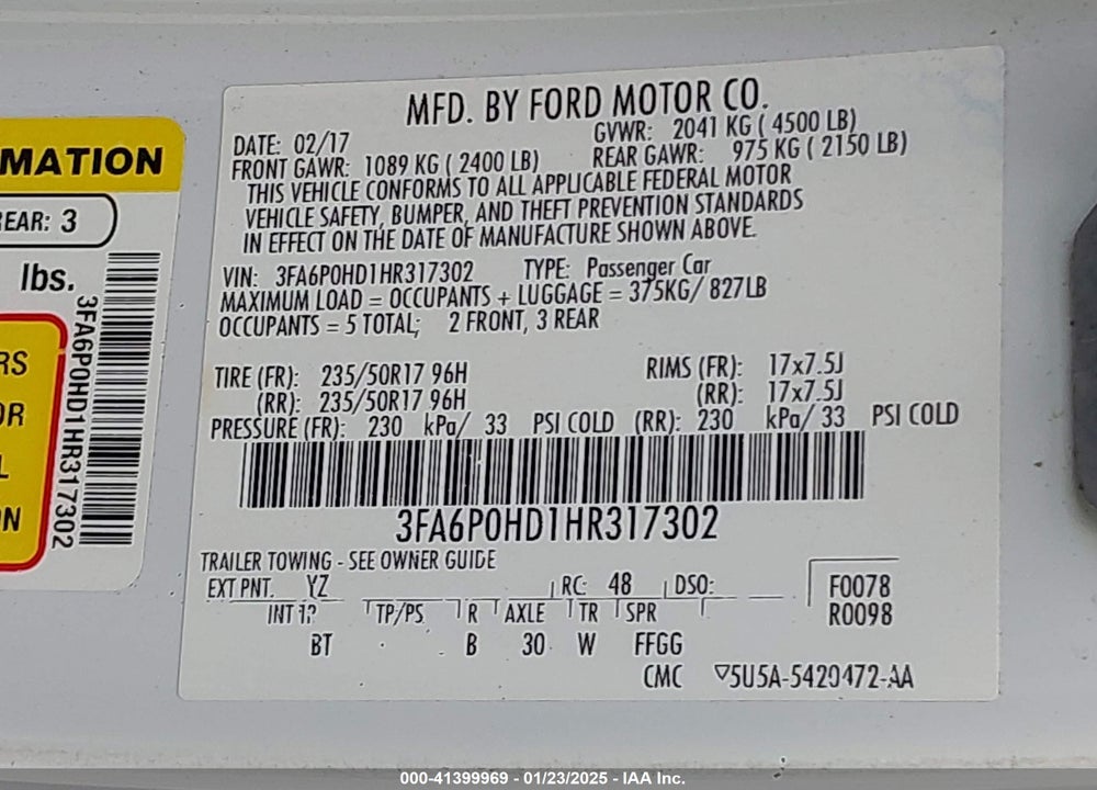 2017 FORD FUSION VIN: 3FA6P0HD1HR317302