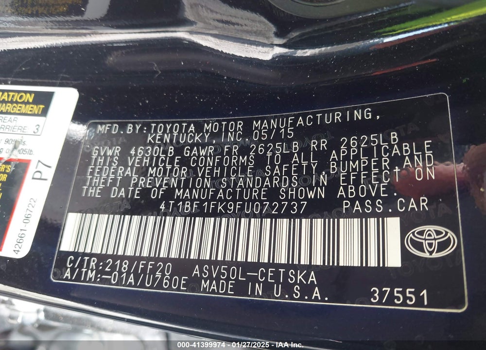 2015 TOYOTA CAMRY SE VIN: 4T1BF1FK9FU072737