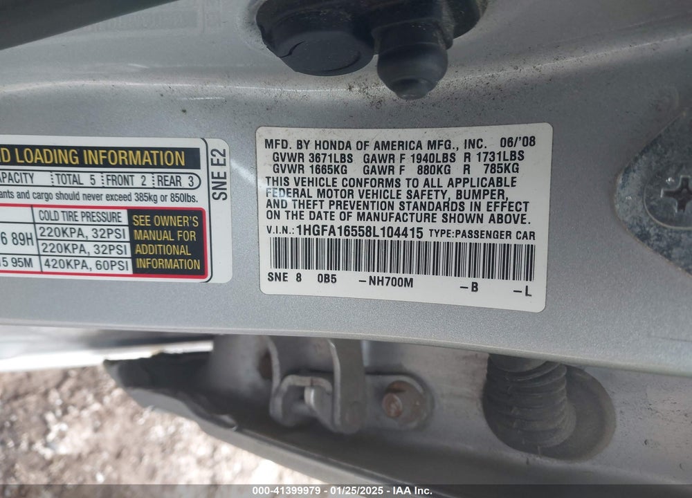 2008 HONDA CIVIC LX VIN: 1HGFA16558L104415