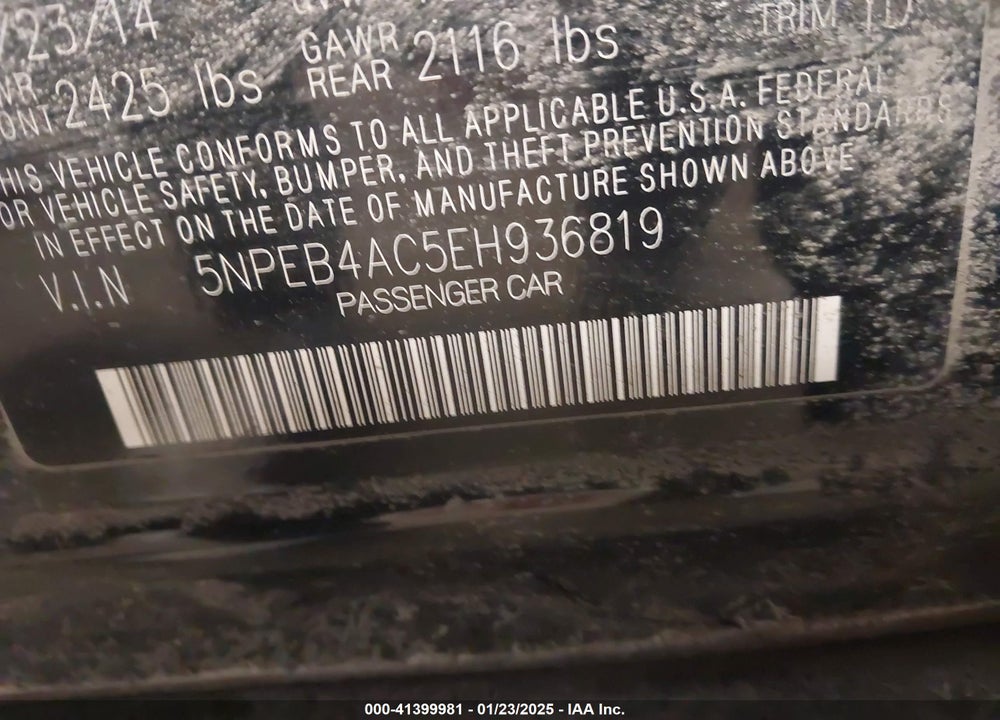 2014 HYUNDAI SONATA VIN: 5NPEB4AC5EH936819