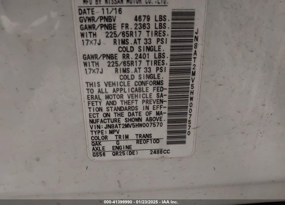 2017 NISSAN ROGUE S VIN: JN8AT2MV5HW007570