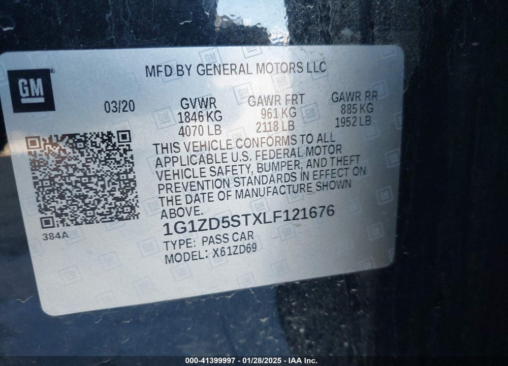 2020 CHEVROLET MALIBU VIN: 1G1ZD5STXLF121676