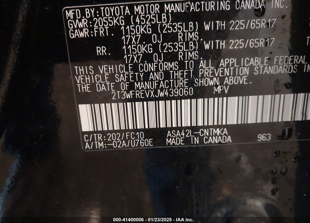 2018 TOYOTA RAV4 ADVENTURE/XLE VIN: 2T3WFREVXJW439060