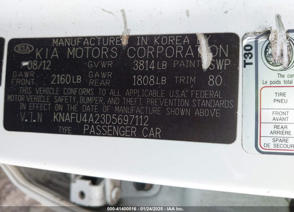 2013 KIA FORTE VIN: KNAFU4A23D5697112
