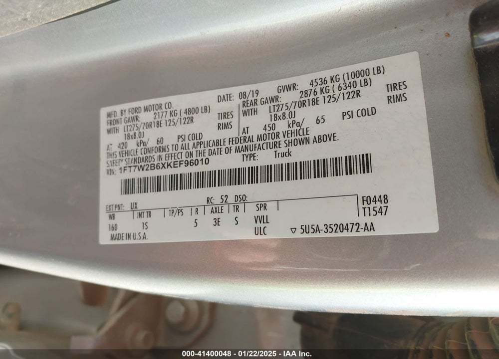 2019 FORD F-250 VIN: 1FT7W2B6XKEF96010