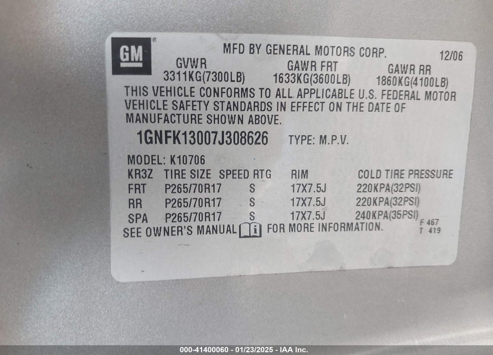 2007 CHEVROLET TAHOE LT VIN: 1GNFK13007J308626