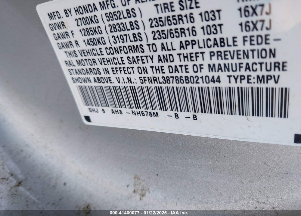2006 HONDA ODYSSEY EX-L VIN: 5FNRL38786B021044