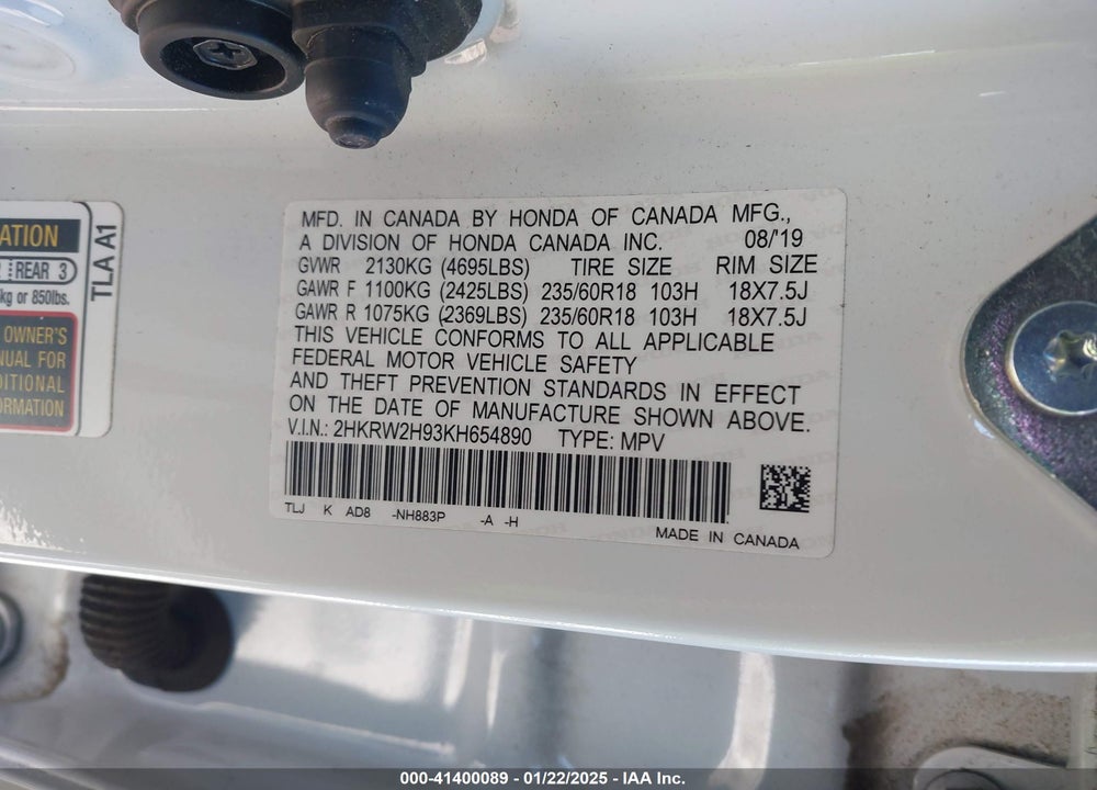 2019 HONDA CR-V TOURING VIN: 2HKRW2H93KH654890