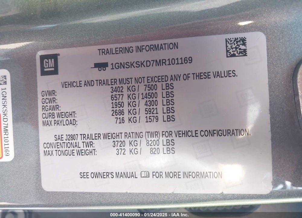 2021 CHEVROLET TAHOE 4WD PREMIER VIN: 1GNSKSKD7MR101169