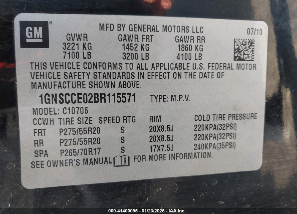 2011 CHEVROLET TAHOE LTZ VIN: 1GNSCCE02BR115571
