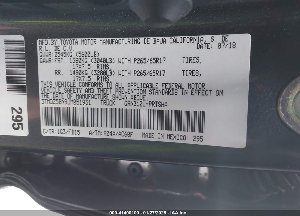 2018 TOYOTA TACOMA VIN: 3TMDZ5BN9JM051931