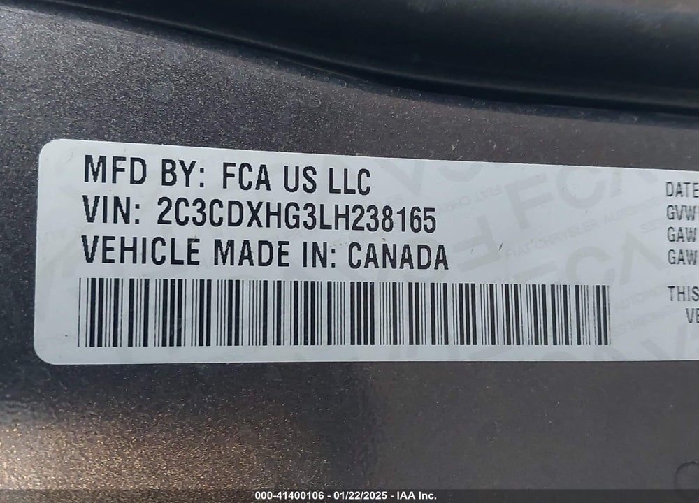 2020 DODGE CHARGER VIN: 2C3CDXHG3LH238165