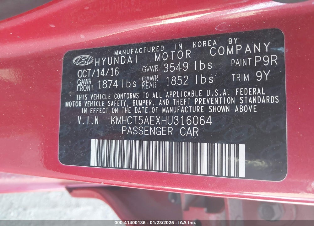 2017 HYUNDAI ACCENT VIN: KMHCT5AEXHU316064