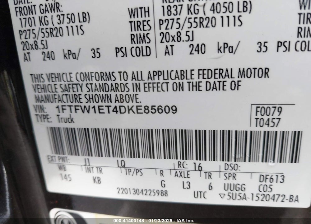 2013 FORD F-150 VIN: 1FTFW1ET4DKE85609