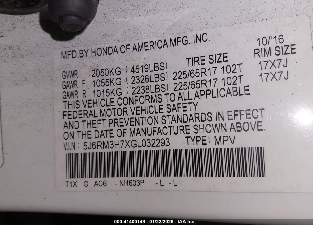 2016 HONDA CR-V EX-L VIN: 5J6RM3H7XGL032293