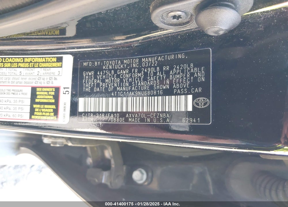 2022 TOYOTA CAMRY VIN: 4T1C11AK9NU680816