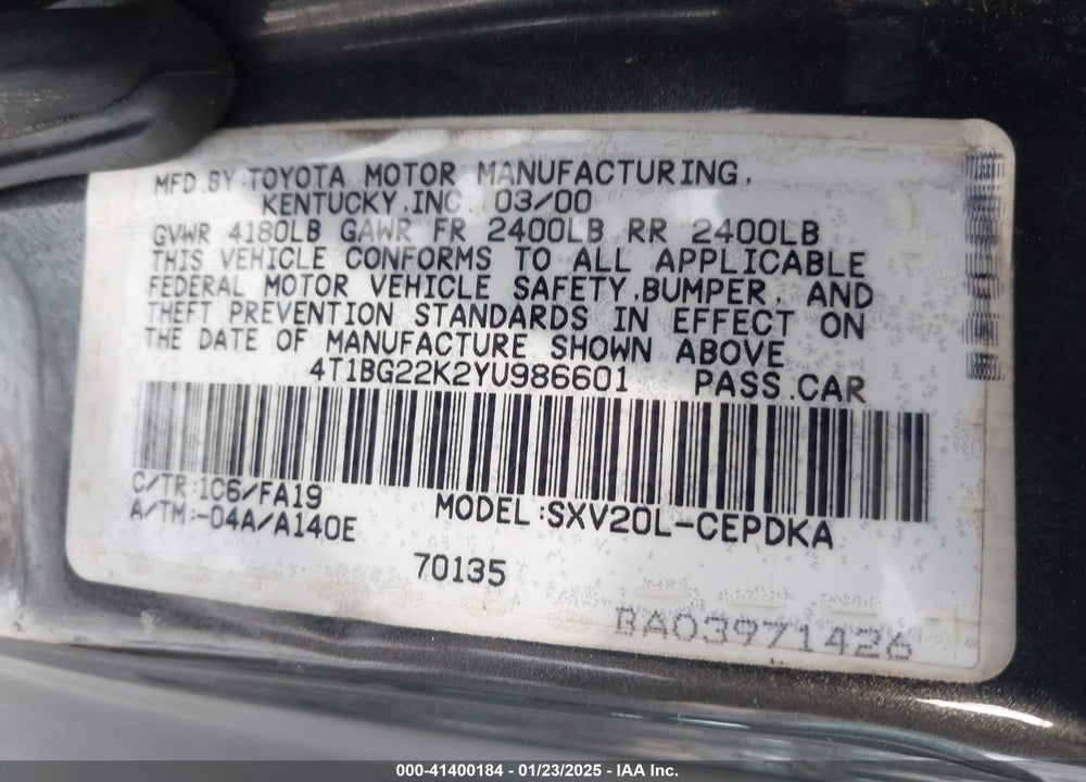 2000 TOYOTA CAMRY CE VIN: 4T1BG22K2YU986601