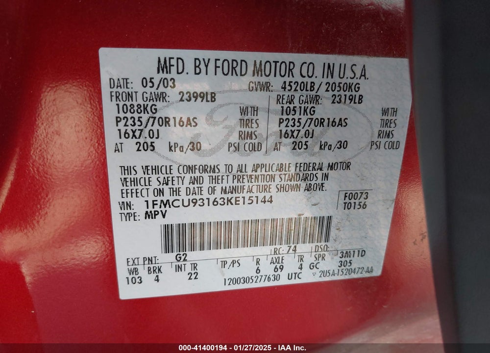 2003 FORD ESCAPE XLT VIN: 1FMCU93163KE15144