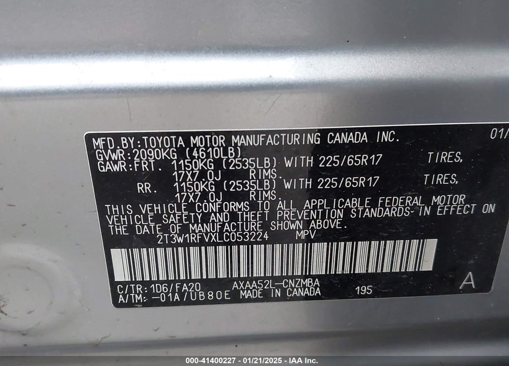 2020 TOYOTA RAV4 XLE VIN: 2T3W1RFVXLC053224