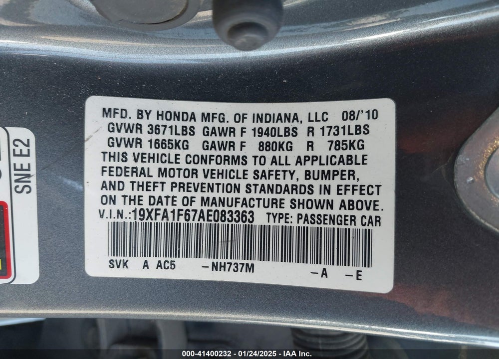 2010 HONDA CIVIC VIN: 19XFA1F67AE083363