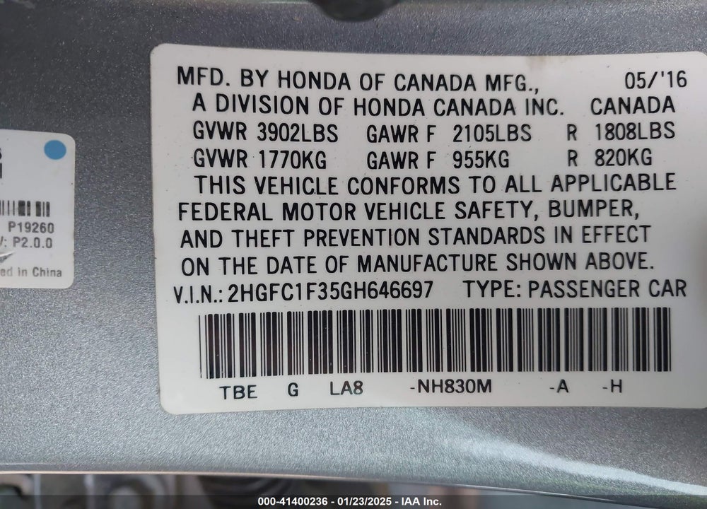 2016 HONDA CIVIC VIN: 2HGFC1F35GH646697