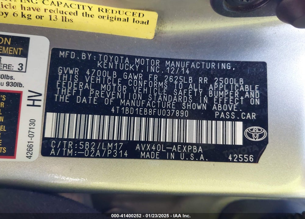 2015 TOYOTA AVALON HYBRID VIN: 4T1BD1EB8FU037890