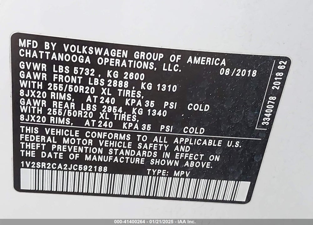 2018 VOLKSWAGEN ATLAS 3.6L V6 SEL VIN: 1V2SR2CA2JC592188