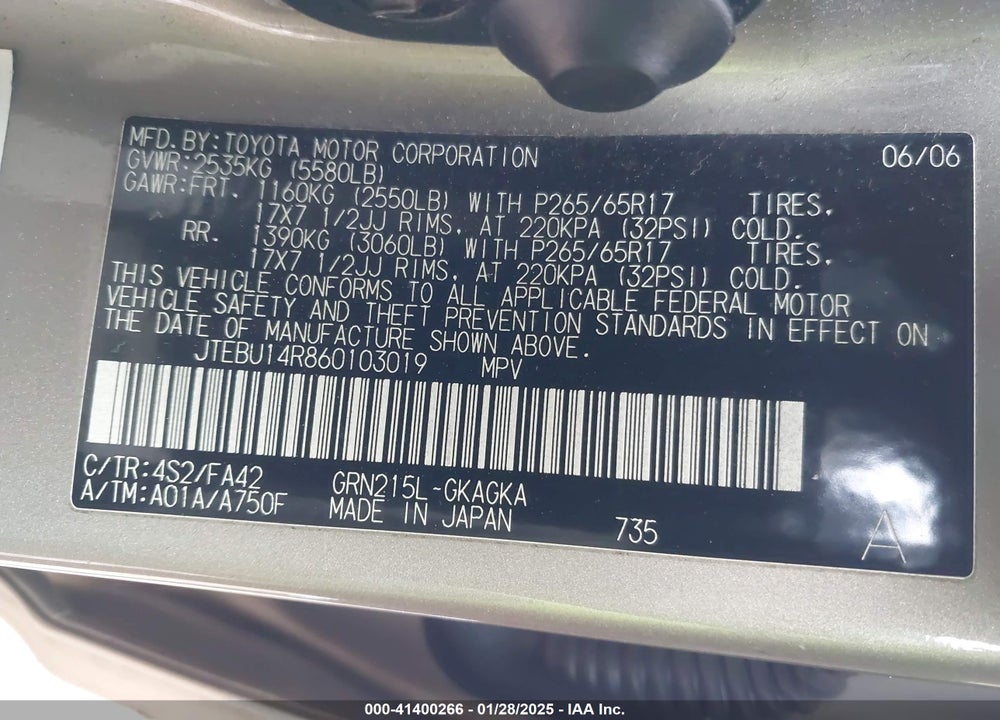2006 TOYOTA 4RUNNER SR5 V6 VIN: JTEBU14R860103019
