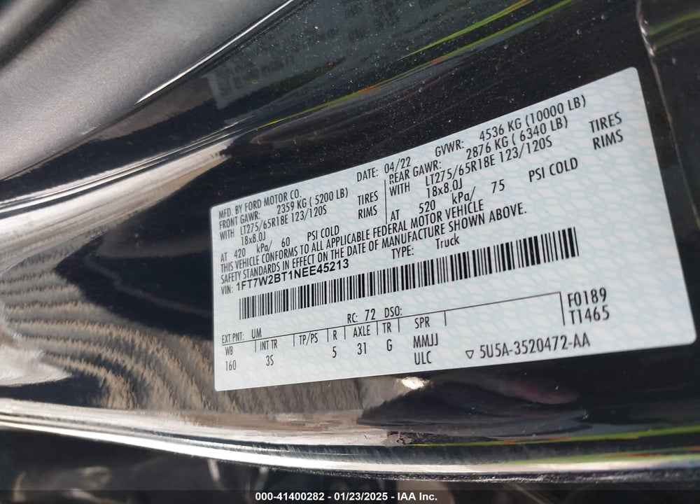 2022 FORD F250 VIN: 1FT7W2BT1NEE45213