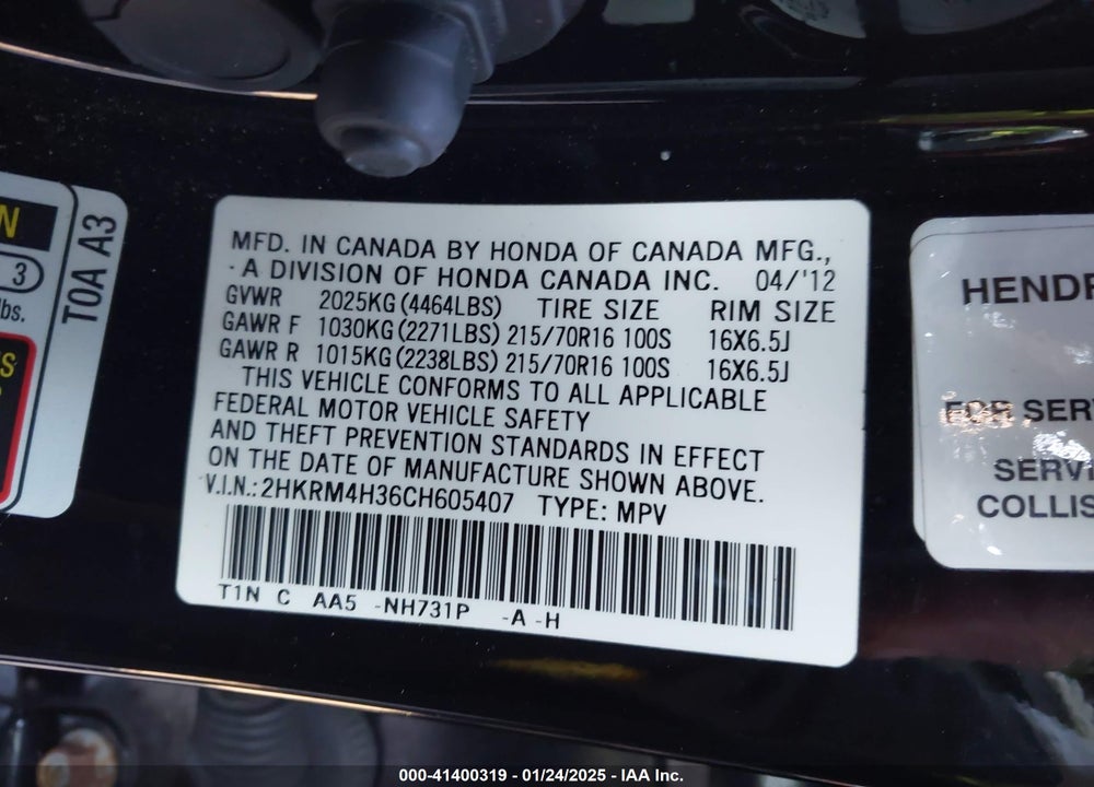 2012 HONDA CR-V LX VIN: 2HKRM4H36CH605407