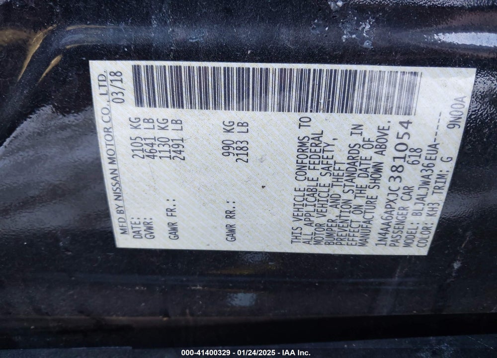 2018 NISSAN MAXIMA VIN: 1N4AA6APXJC381054