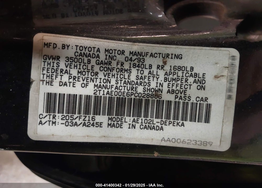 1993 TOYOTA COROLLA LE VIN: 2T1AE00E6PC028886