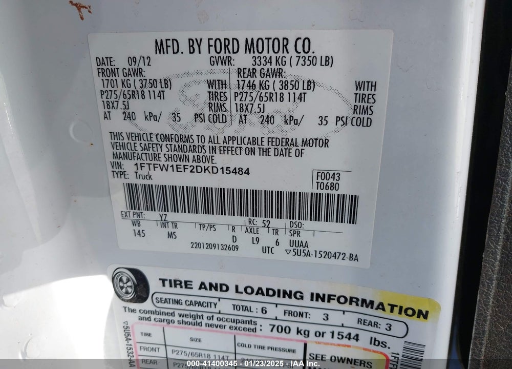 2013 FORD F150 VIN: 1FTFW1EF2DKD15484