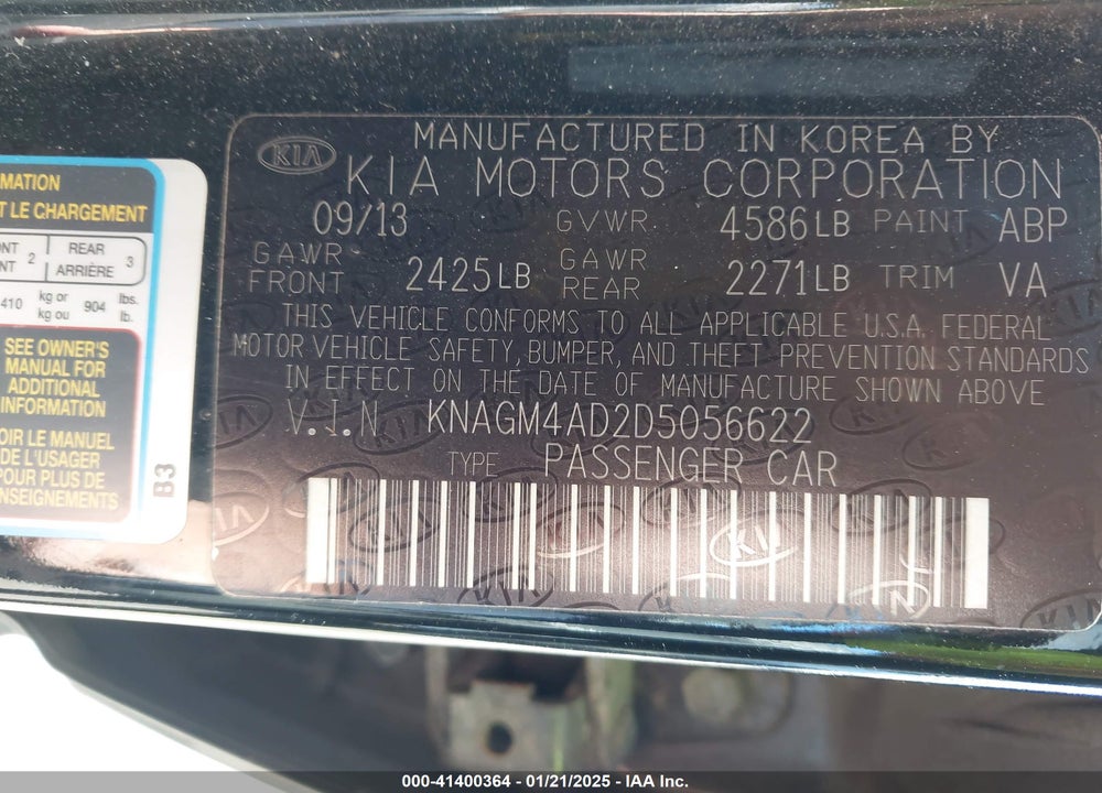 2013 KIA OPTIMA HYBRID VIN: KNAGM4AD2D5056622