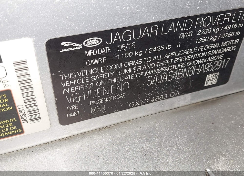 2017 JAGUAR XE 20D VIN: SAJAS4BN3HA952917