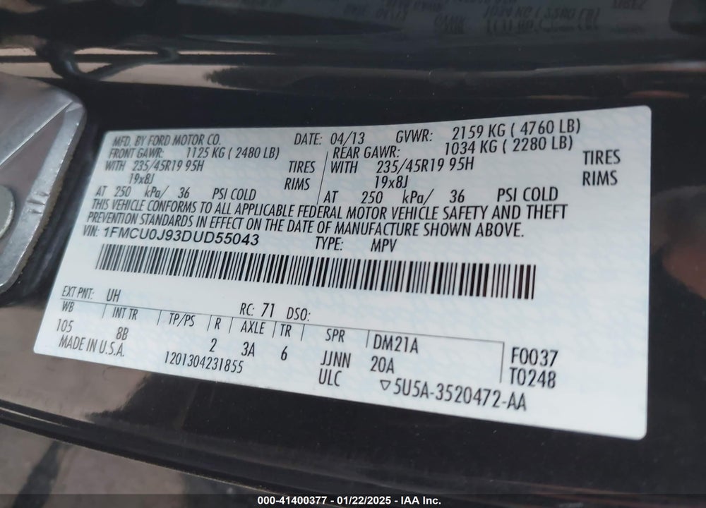 2013 FORD ESCAPE TITANIUM VIN: 1FMCU0J93DUD55043