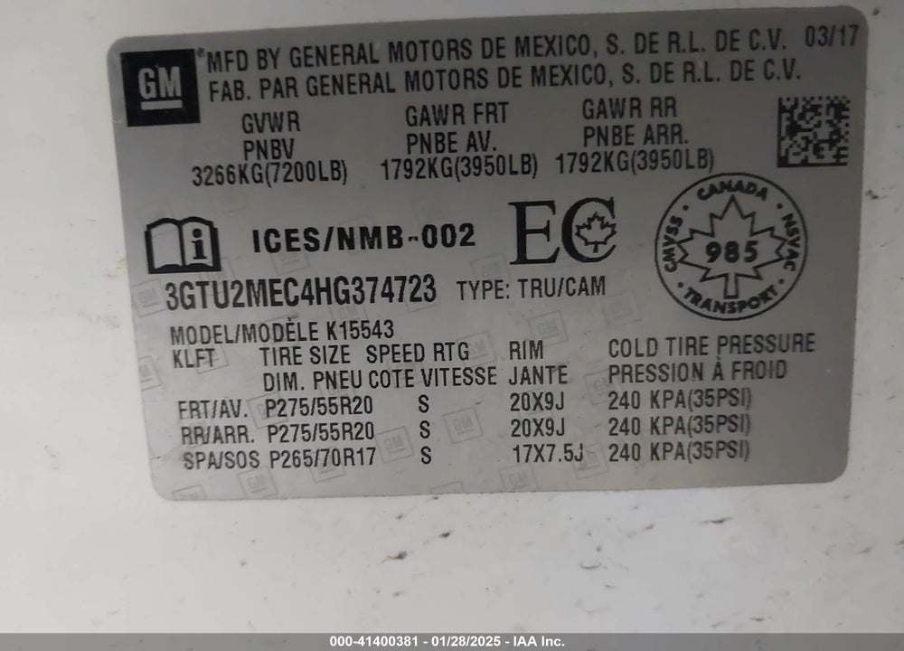 2017 GMC SIERRA 1500 SLE VIN: 3GTU2MEC4HG374723