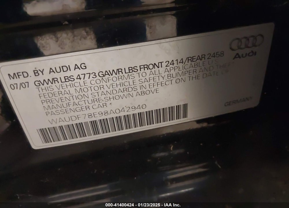 2008 AUDI A4 2.0T VIN: WAUDF78E98A042940