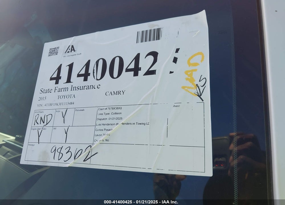 2015 TOYOTA CAMRY SE VIN: 4T1BF1FK3FU115484