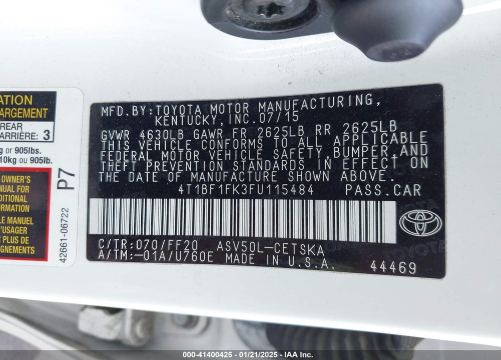 2015 TOYOTA CAMRY SE VIN: 4T1BF1FK3FU115484