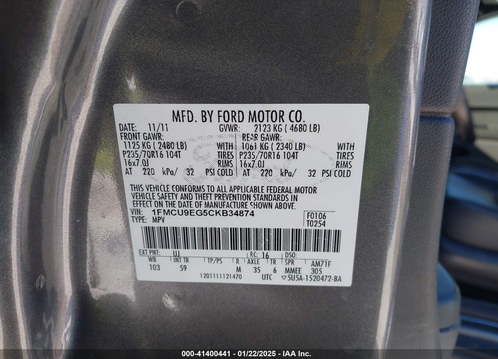 2012 FORD ESCAPE LIMITED VIN: 1FMCU9EG5CKB34874