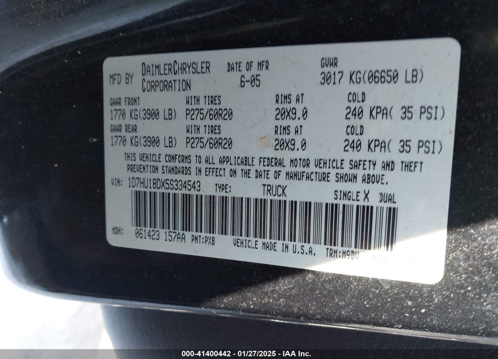 2005 DODGE RAM 1500 SLT/LARAMIE VIN: 1D7HU18DX5S334543