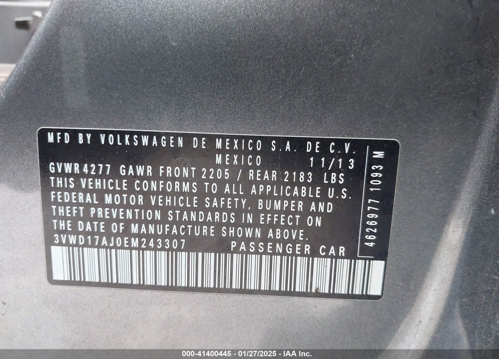 2014 VOLKSWAGEN JETTA VIN: 3VWD17AJ0EM243307
