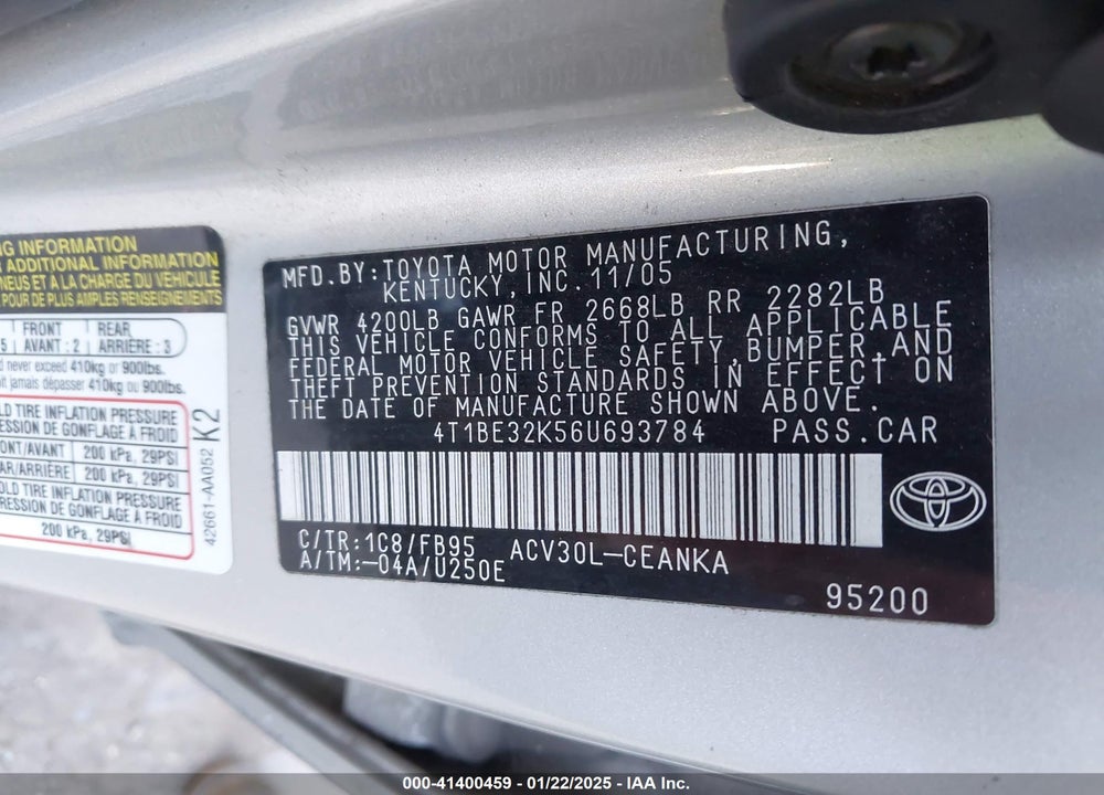2006 TOYOTA CAMRY VIN: 4T1BE32K56U693784