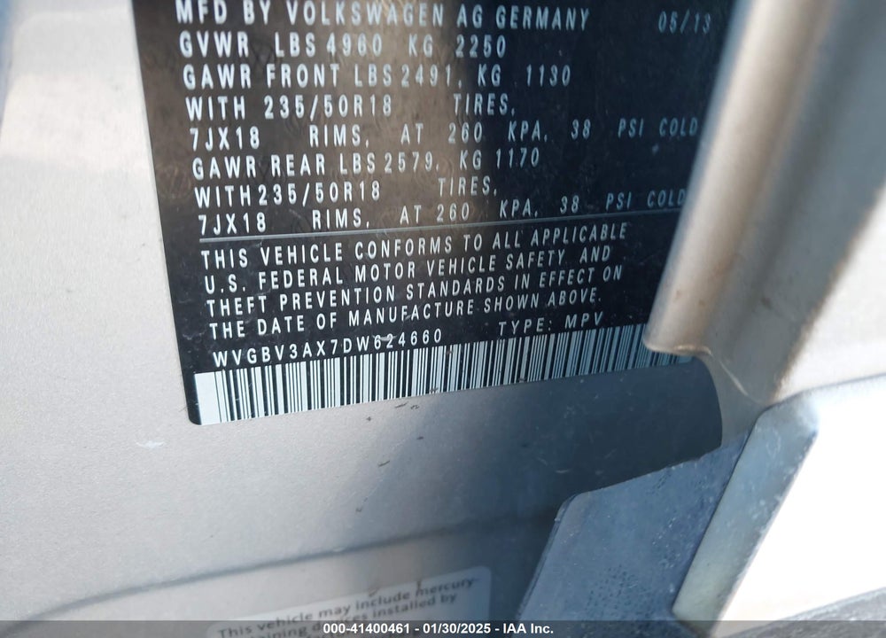 2013 VOLKSWAGEN TIGUAN S/SE/SEL VIN: WVGBV3AX7DW624660