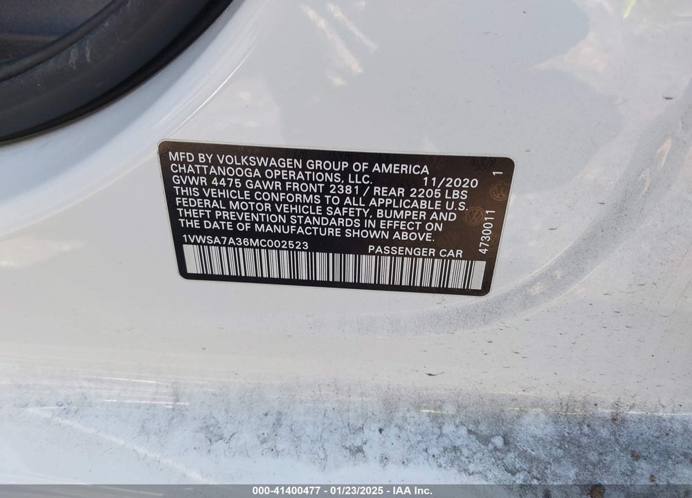 2021 VOLKSWAGEN PASSAT VIN: 1VWSA7A36MC002523